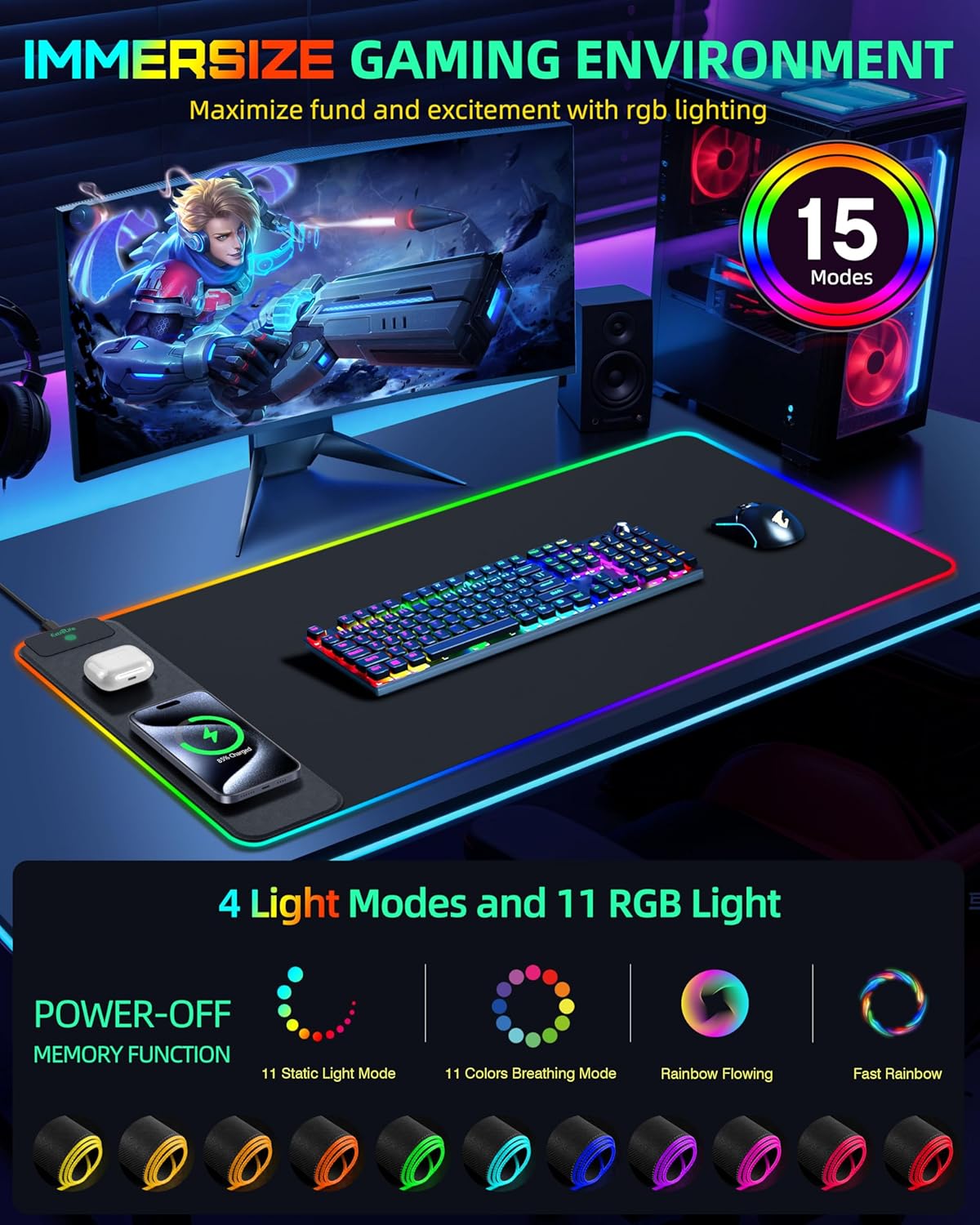 Mouse Pad with Wireless Charging, RGB Gaming Desk Mat, 31.5"x15.7" Large XXL Desk Pad, 15 Lighting Modes, Non-Slip Mouse Mat, Waterproof Computer Keyboard Pad, Black with 20W PD Power Adapter