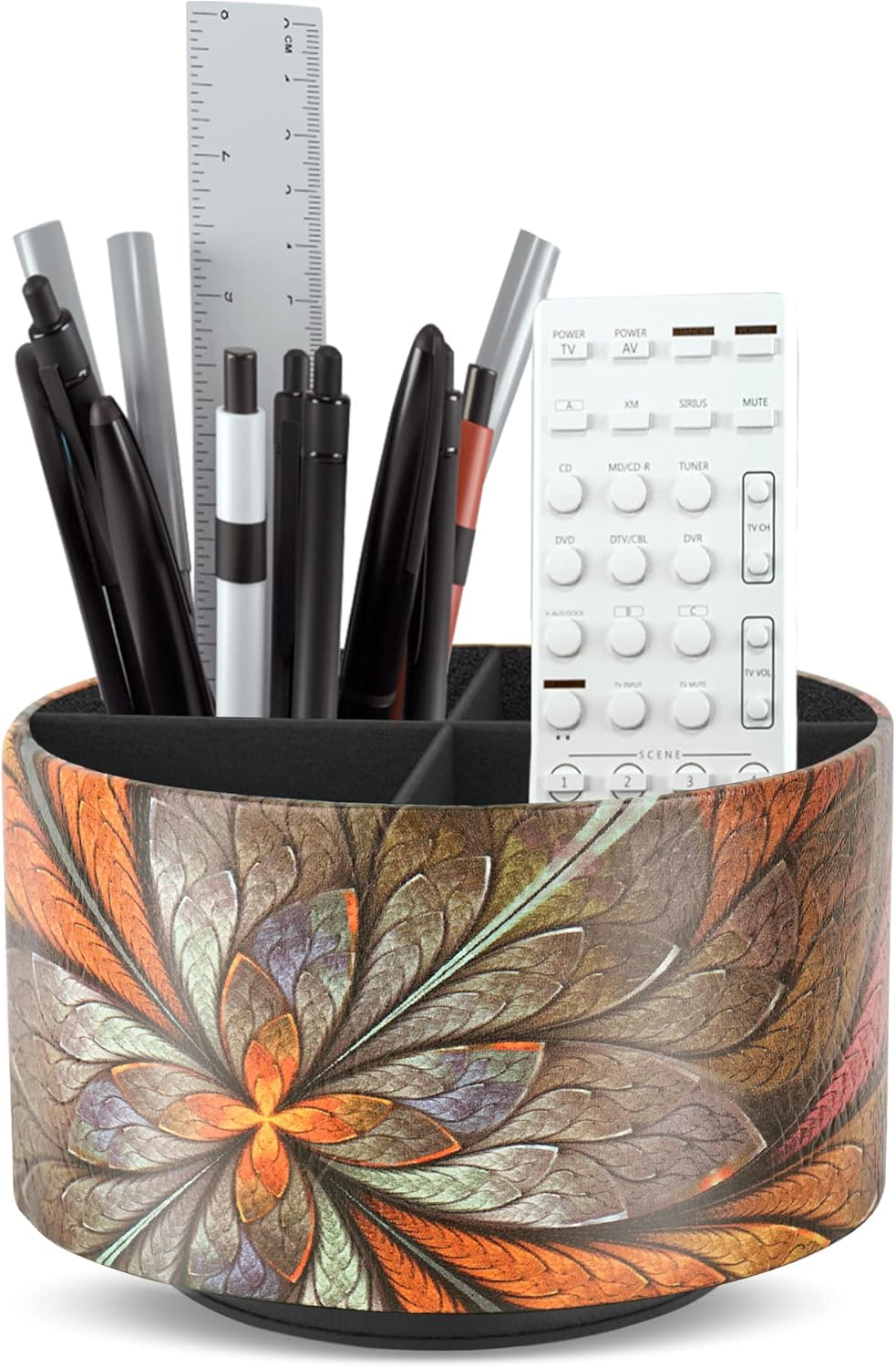 lizimandu Round Leather Art Supply Organizer,Remote Control Holder,360 Degree Rotating,Multi-Functional Pencil Holder,4 Compartments Desktop Stationary Organizer(1-Orange Flower)