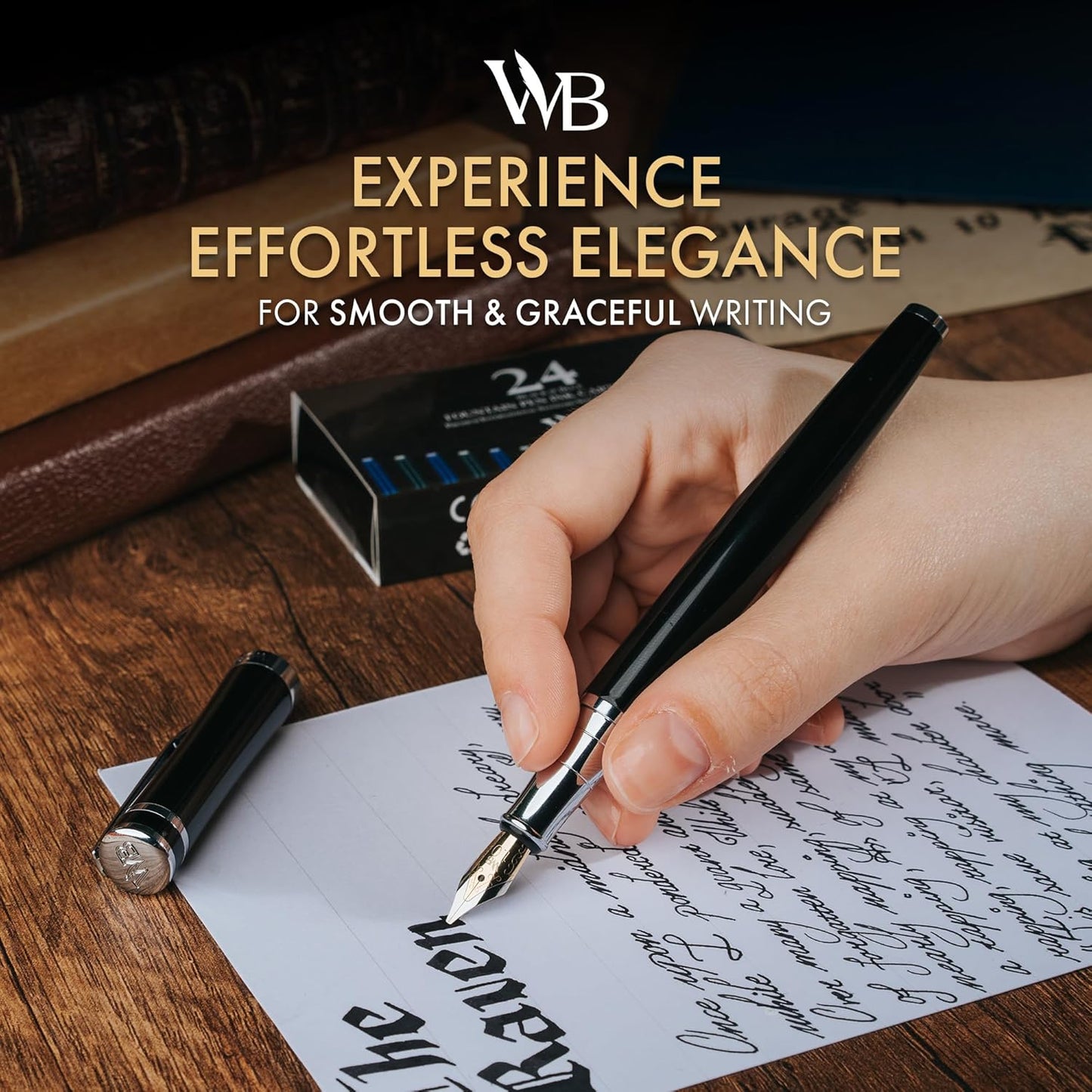 Wordsworth & Black Fountain Pen Set, Broad Nib, Includes 24 Pack Ink Cartridges, Ink Refill Converter & Gift Box, Chrome Finish, Calligraphy, [Black Chrome], Perfect for Men & Women