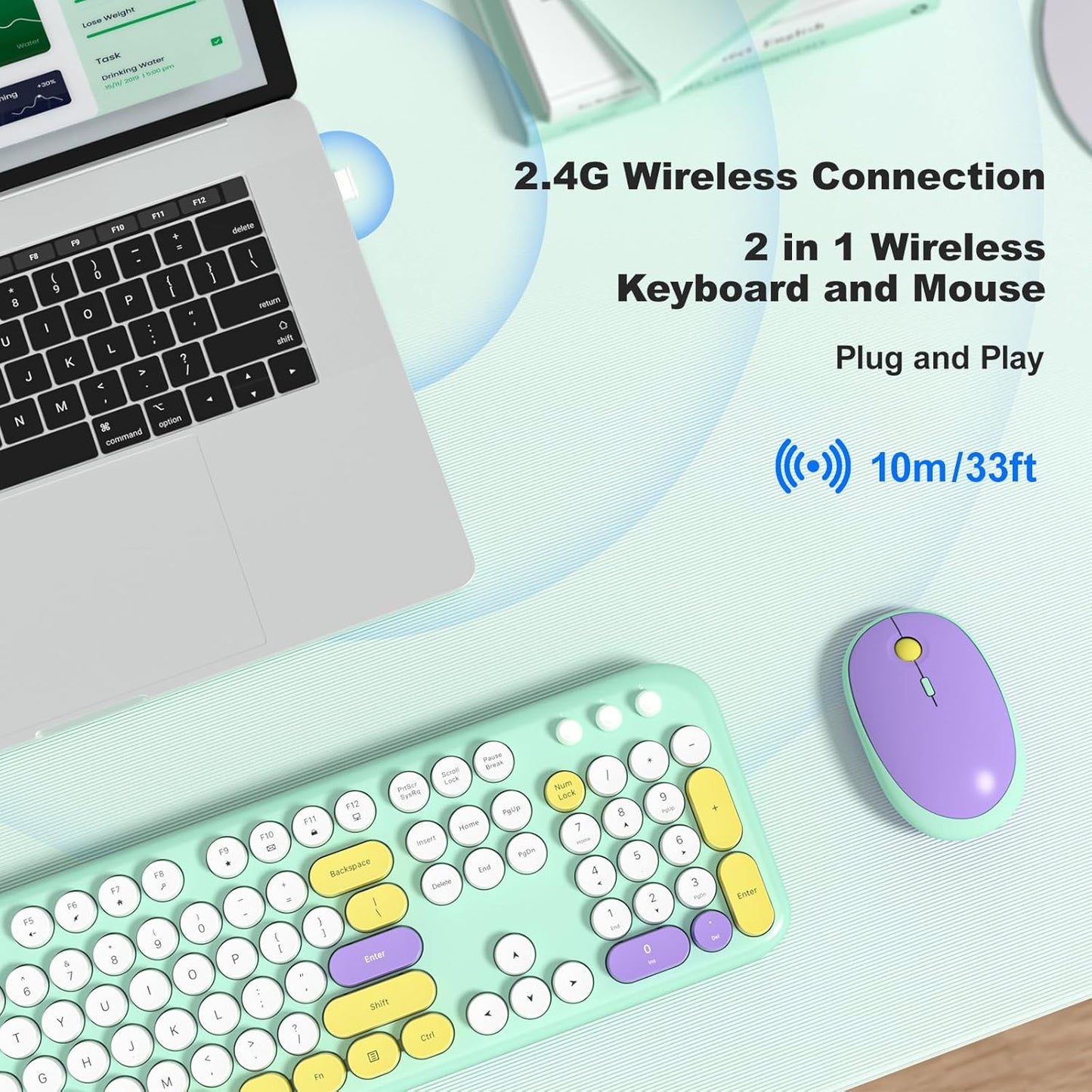 MOFII Wireless Keyboard and Mouse Combo, Cute Keyboard Full Size and Wireless Mouse, 2.4GHz Retro Typewriter Keyboard and Mouse Set for PC/Desktop/Laptop/Windows (Mint Green)