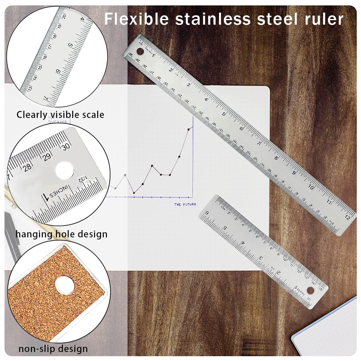 3 Pcs 6 Inch Metal Ruler Stainless Steel Metal Ruler with Cork Backing, Non-Slip Rulers with Inch and Centimeters, Straight Edge Cork Base Rulers for Student School Office Drafting Tools