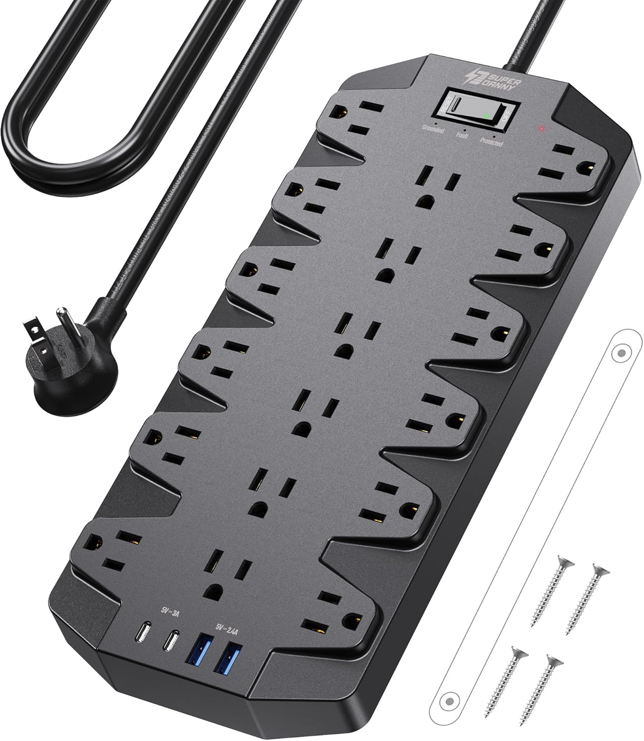 Surge Protector Power Strip, SUPERDANNY 18 AC Outlets with 4 USB Ports, 1875W/15A, 2100J, 6.5FT Flat Plug Heavy Duty Extension Cord with Wall Mount Holes for Home, Office, Gaming Room,Dorm, Black