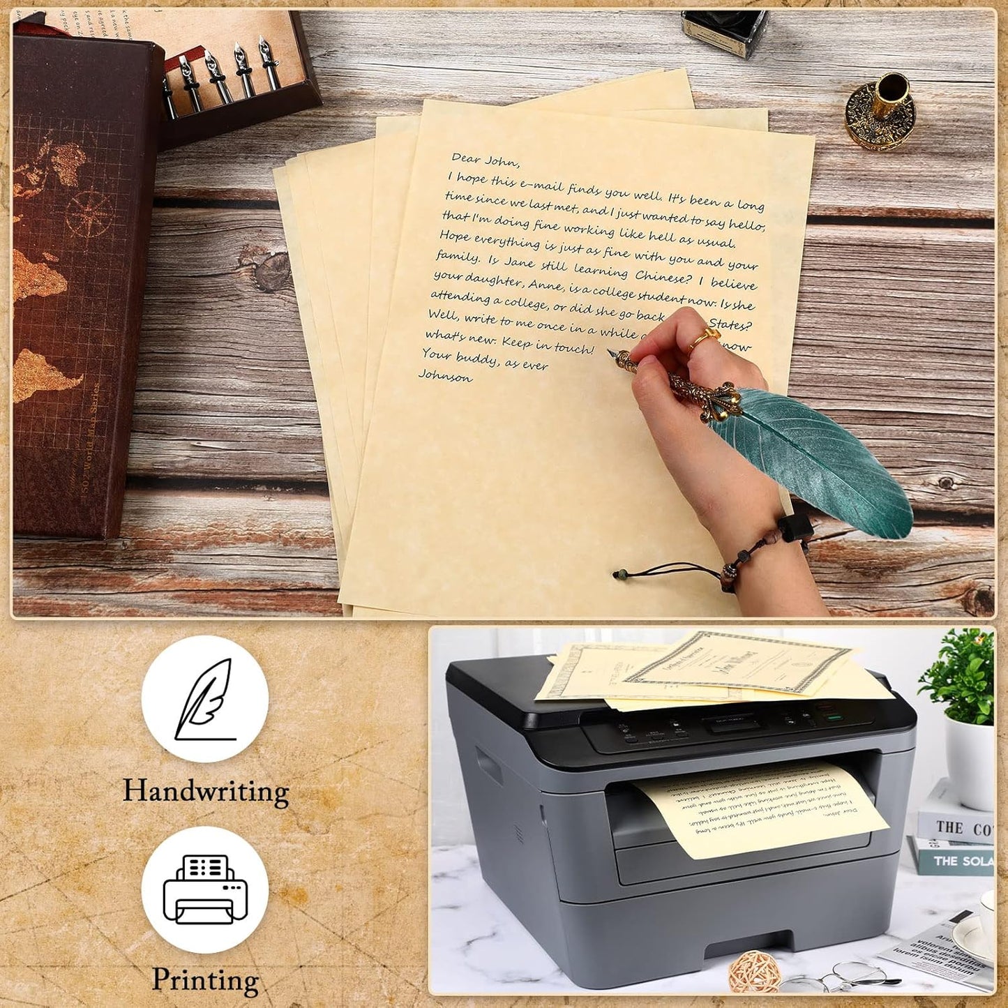 Epakh 200 Sheets Old Age Parchment Paper 8.5 x 11 Inch Standard Letter Vintage Colored Old Parchment Semblance Double Side Printing Paper(Light Beige)