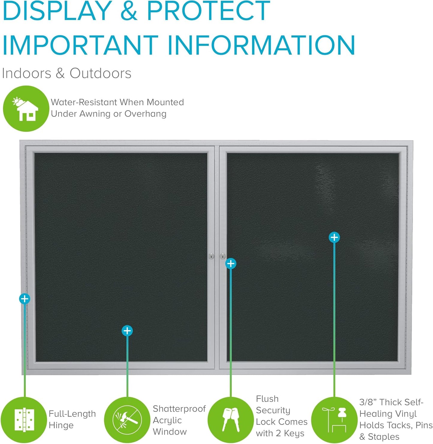 Ghent 48"x60" 2-Door Outdoor Enclosed Vinyl Bulletin Board, Shatter Resistant, with Lock, Satin Aluminum Frame - Ebony (PA24860VX-183), Made in the USA
