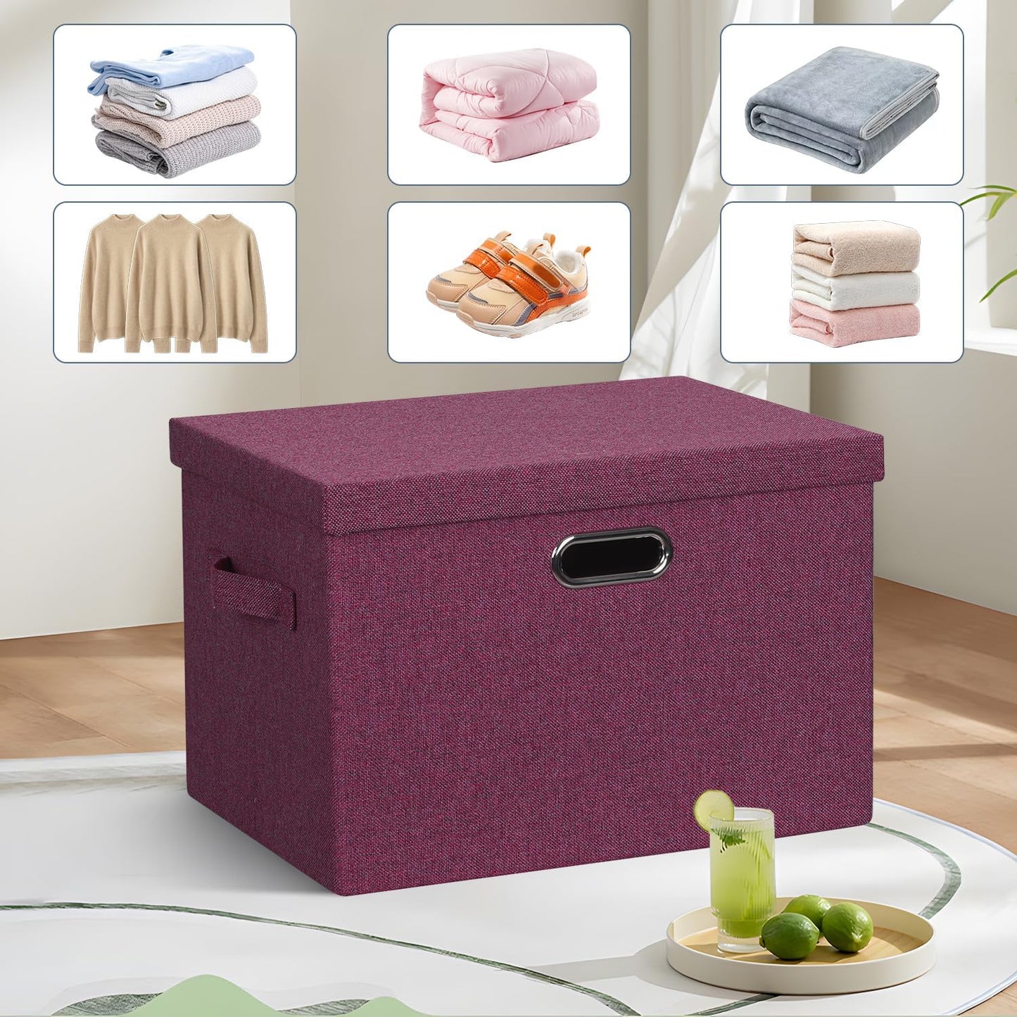 Large 17" 36 Quart Collapsible Stackable Storage Bins with Lids, 3 Packs Purple Linen Fabric Closet Boxes with Lids, Storage Cube Baskets Container Organizers for Bedroom Office (17x12x11)