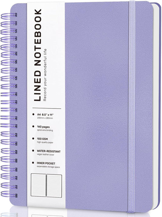 Lined Spiral Journal Notebook, A4 Hardcover Leather Notebook for Work, 8.5''×11'', 100GSM Thick Paper Spiral Bound Journaling Notebooks for Women & Men Office School Note Taking Business, Purple