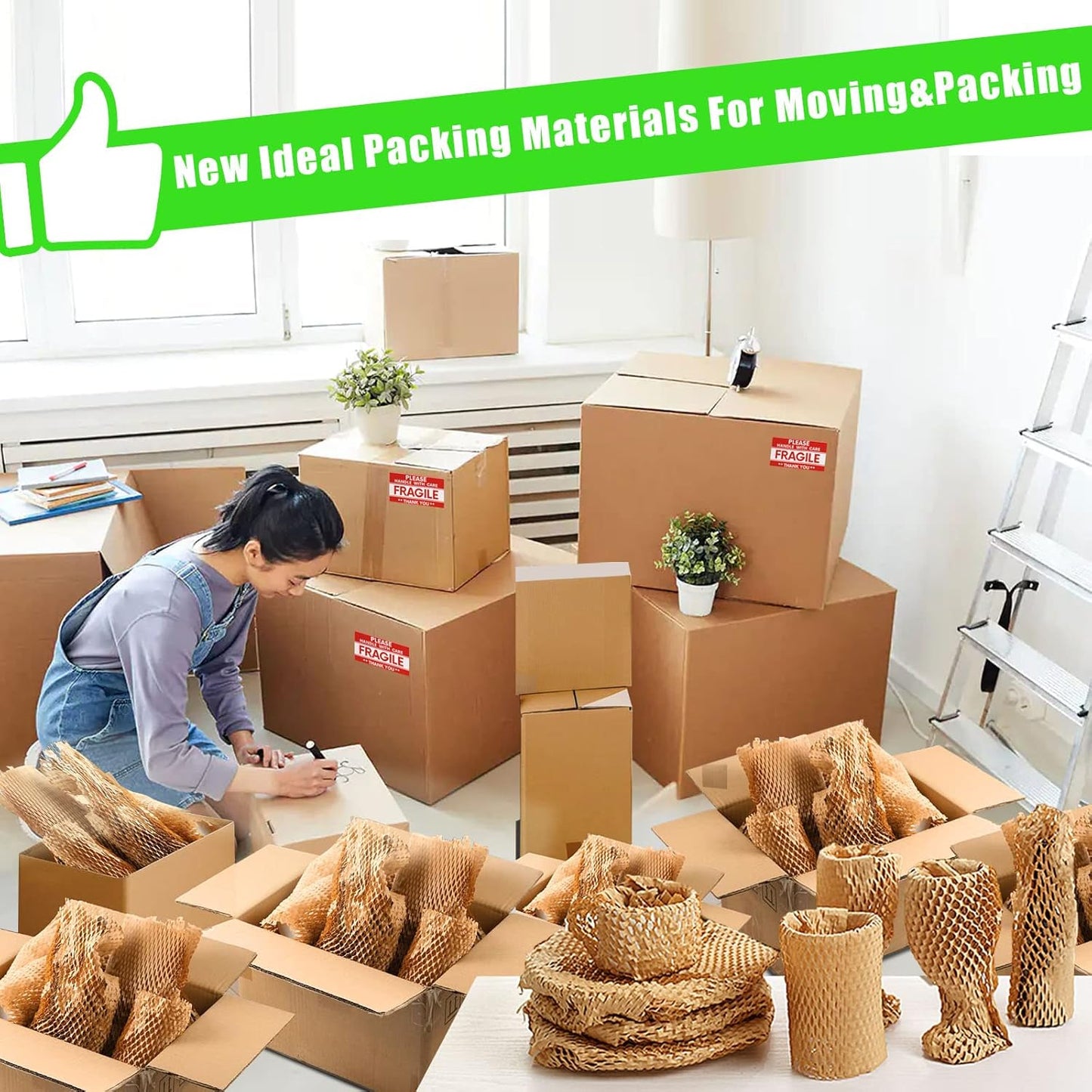 Honeycomb Packing Paper, MINHAO 15"x165' Eco Friendly Packing Paper for Moving Recyclable Honeycomb Paper Moving Supplies Bubble Paper Wrapping Protective Roll, With 36 Fragile Sticker Labels