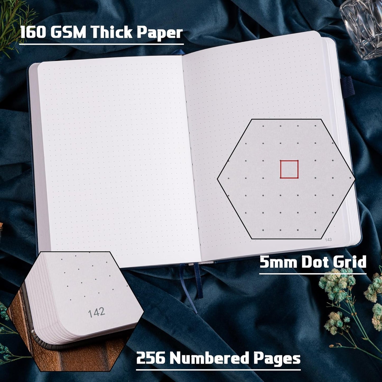 TIEFOSSI Bullet Dotted Journal Notebook, 160gsm 256 Numbered Thick Paper, A5 Hardcover Dotted Grid Diary for Women Men Work Writing, Bullet Journaling, Drawing, 5.8 x 8.3 in