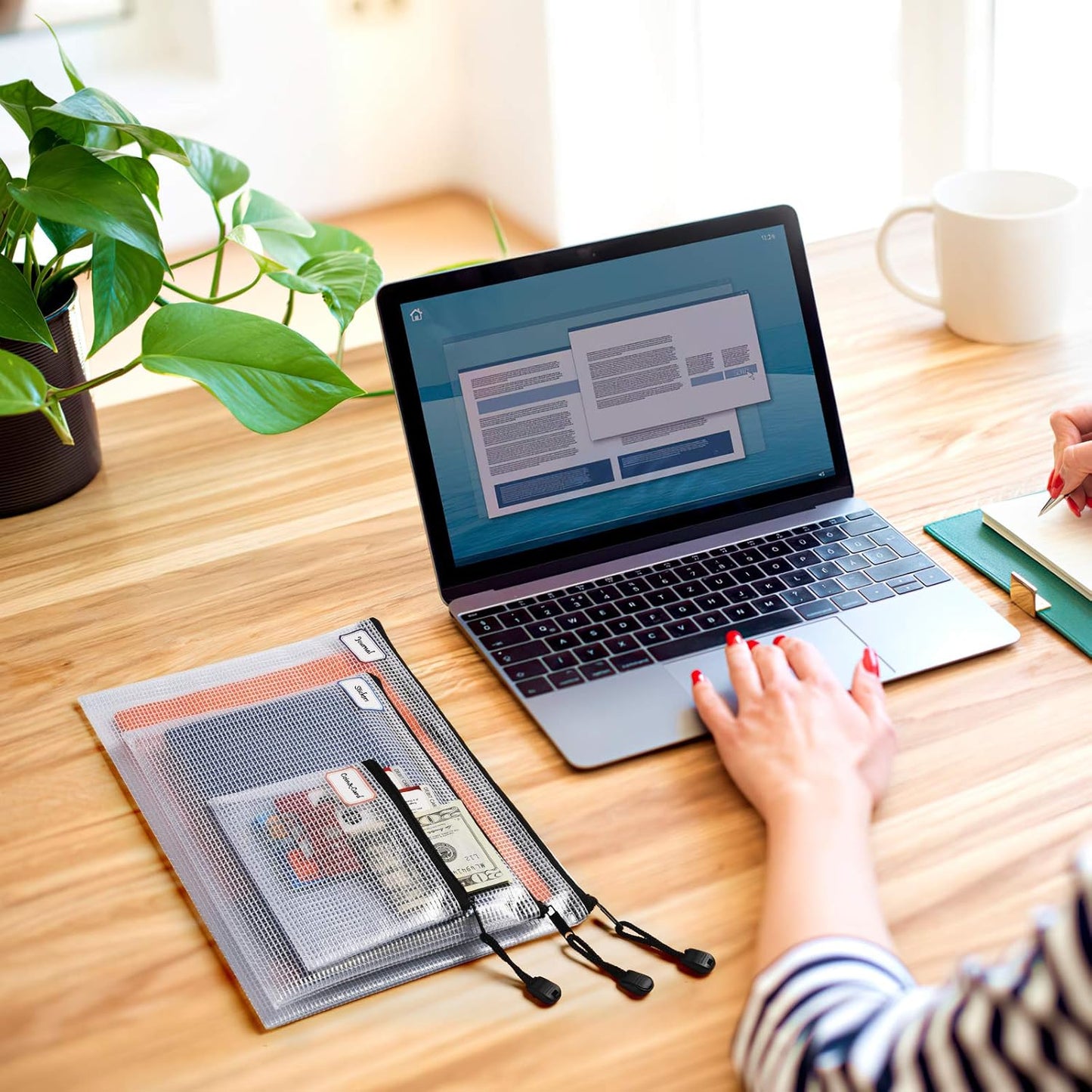 12 Pcs Plastic Mesh Zip File Bags, Waterproof Tear-Resistant Document File Folders, MultiSize Zipper Documents Pouch Organizer Bags for School Office Home Travel Storage(6 Sizes)