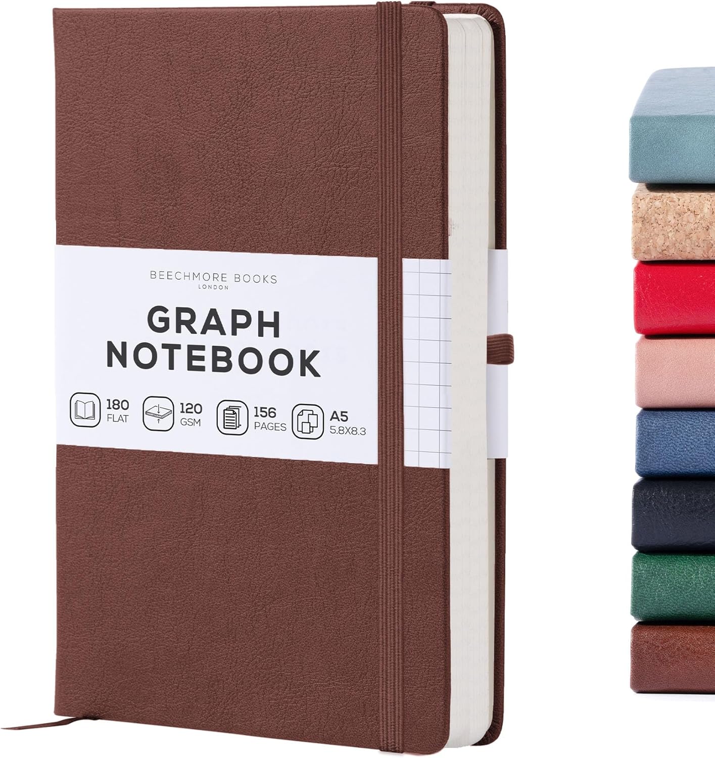 BEECHMORE BOOKS Graph Paper Notebook - Regular, Brown | Premium Square Grid Math & Science Journal | 5.75" x 8.25" Hardcover Vegan Leather | Thick 120gsm Cream Graph Paper | Gift Box for Men & Women
