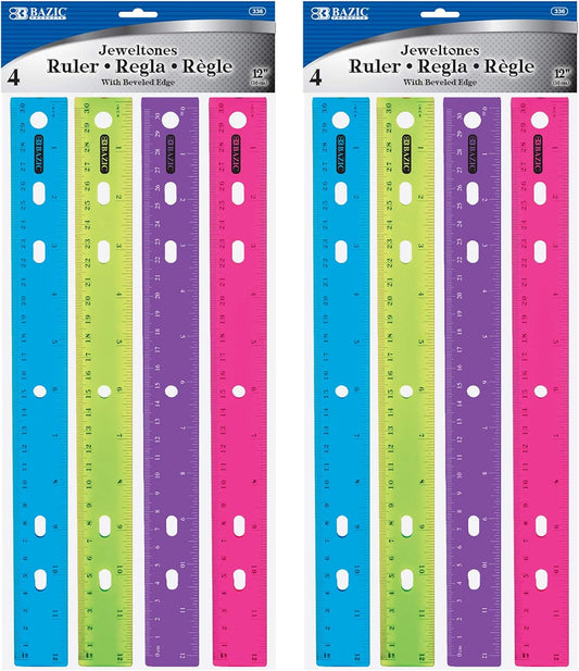 BAZIC Jeweltones Color Plastic Ruler 12" (30cm), Inches Centimeter Metric Measuring Drafting Rulers, for Students School Supplies (4/Pack), 2-Packs