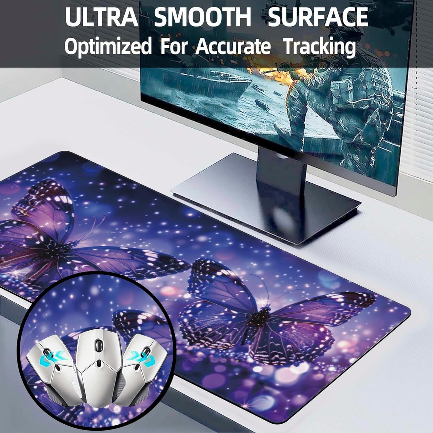 Extended Large Gaming Mouse Pad, Sparkling Purple Butterflies Large Desk Mat for Desktop, Non-Slip Rubber Base Stitched Edges Long Computer Keyboard Desk Pad Mouse Mat for Home Office 35.4"X15.7"