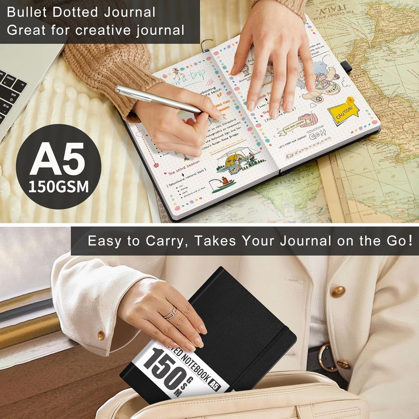 AHGXG Bullet Dotted Journal - 150 GSM Dot Grid Notebook Journal, Thick Acid-Free Paper, A5 Dotted Notebook 128 Pages, Leather Hardcover, Inner Pocket, Journal Stencil, 5.7'' × 8.3'' - Black