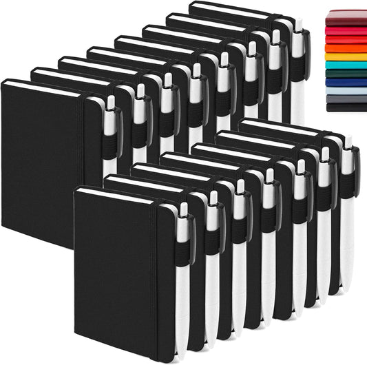 feela 15 Pack Pocket Small Notebooks Bulk, Mini Cute Notepads Hardcover College Ruled Lined Journals with Pen Holder for School Business Memos, with 15 Black Pens, 3.5”x 5.5”, A6, Black