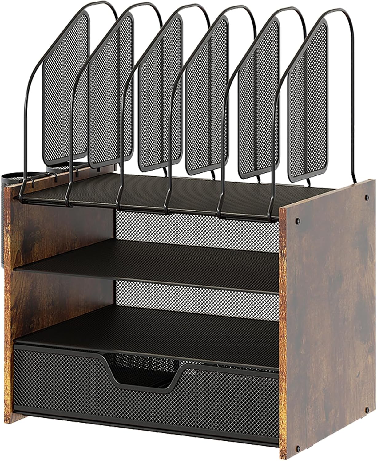 Wood Desk Organizer - 4-Tier Desktop File Organizer with Drawer, Wooden Paper Tray, Vertical File Holders & 2 Pencil Holders - Office Desk Organizer for Papers, Mail, Notebooks, Stationery