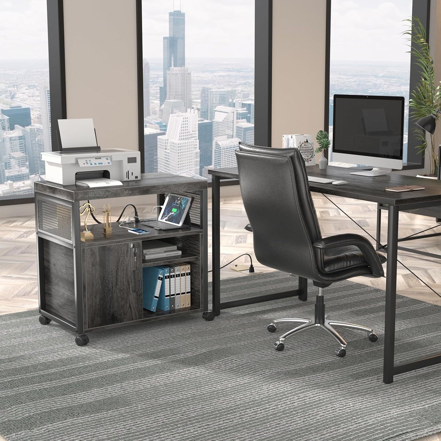 Unikito Rolling File Cabinet Lateral Office Filing Cabinets with Socket and USB Charging Port, Modern Printer Stand on Wheels Printer Cabinet with Door and Open Storage, Lockable, Black Oak