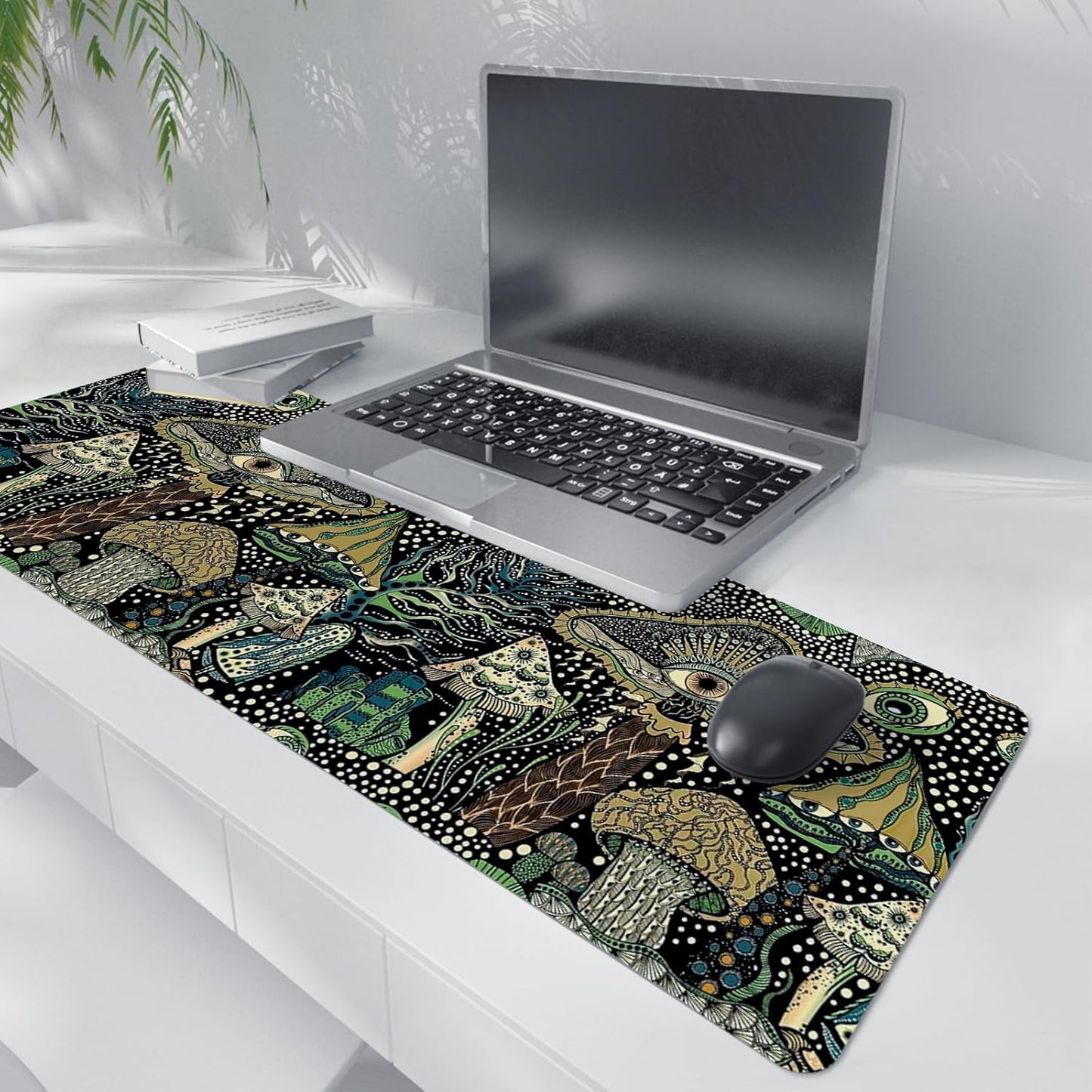 Boho Mushroom Floral Mouse Pad,Dark Green Cottagecore Mushrooms Desk Mat,XL Large Magic Vintage Boho Desk Mat,Summer Style Mouse Pads,for Dorm Home Office Desktop Decor Art,31.5x11.8 Inch