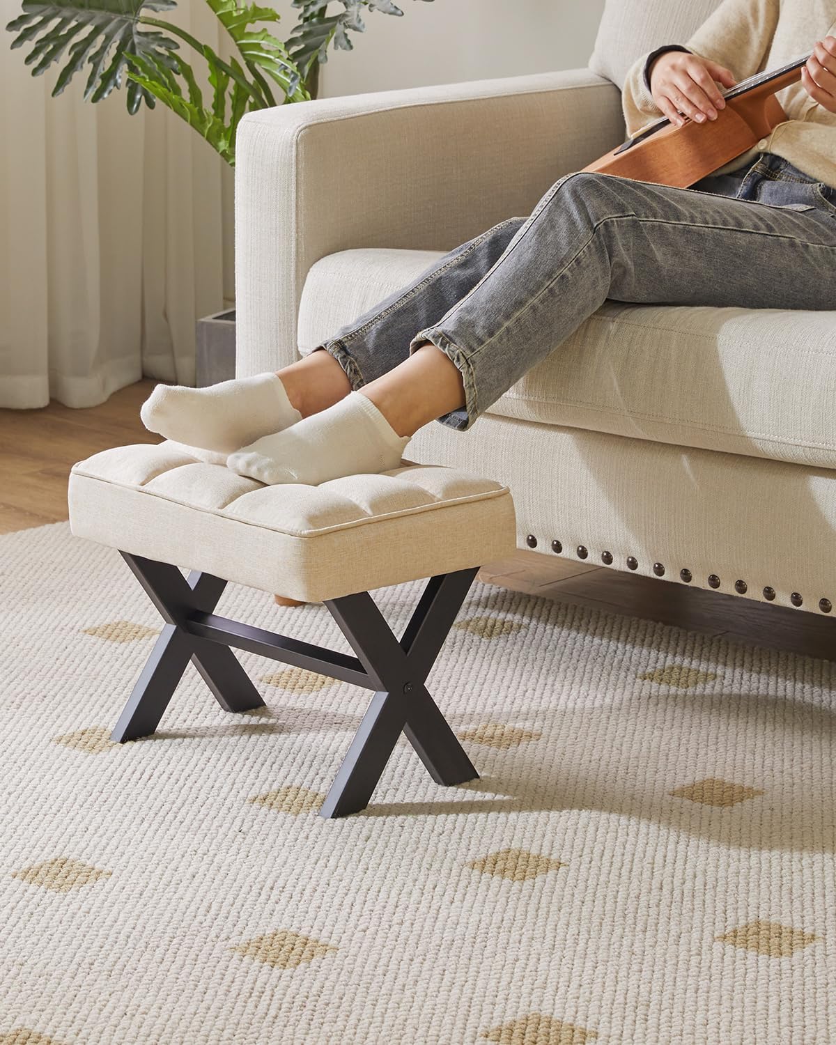 IBUYKE Small 12" H Footrest Stool, Square Linen Foot Stool with Metal X-Leg, Multi-Use as Small Side Table, Step Stool for Living Room, Bedroom, Entryway, Office, Linen WBD011Y