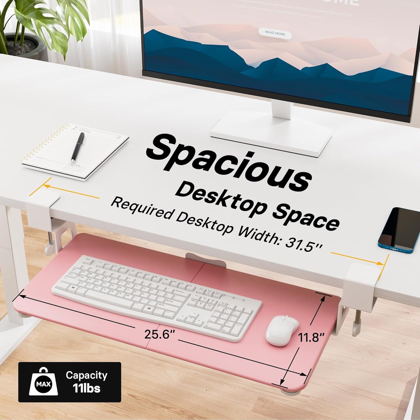 BONTEC KMT01 Under Desk Keyboard Tray, Pull-Out Keyboard & Mouse Platform with C-Clamp, 25.6 x 11.8 in Space-Saving Ergonomic Slide-Out Drawer, Pink