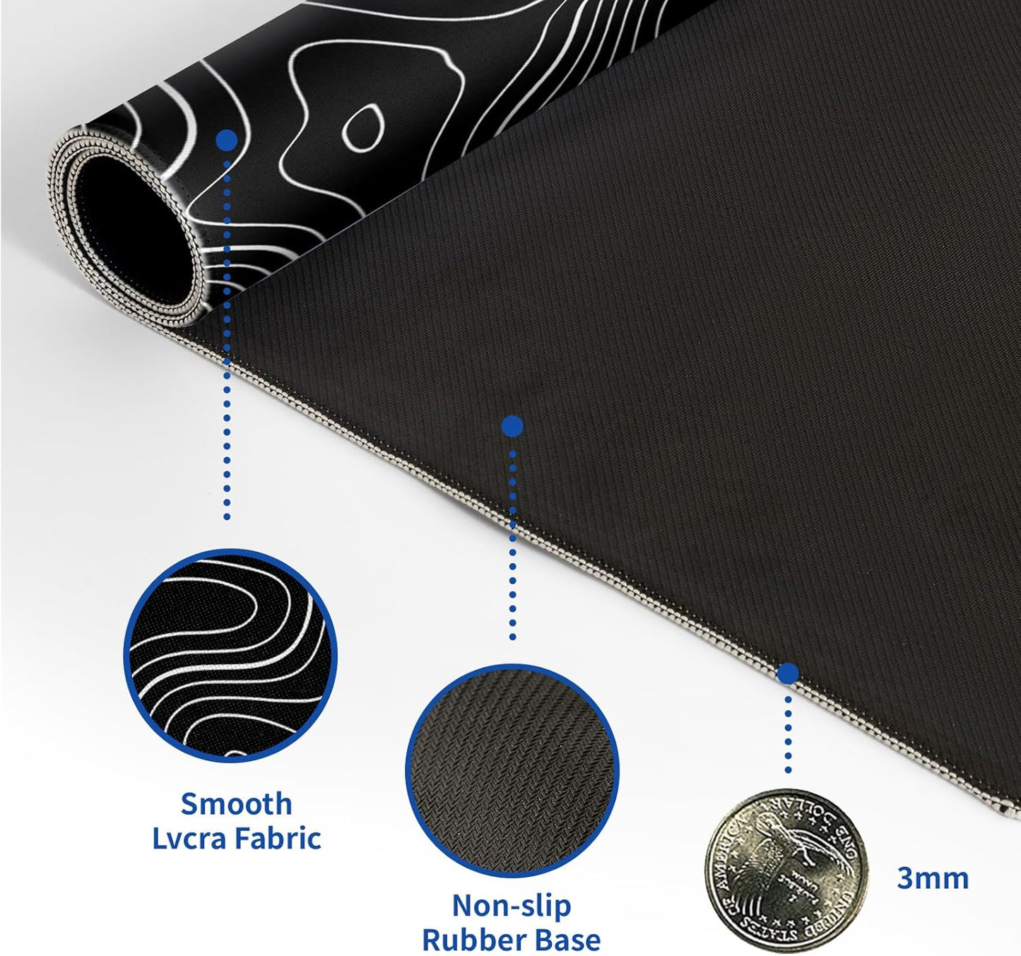 Topographic Contour Gaming Mouse Pad Black Large Mouse Pad for Keyboard and Mousepad Desk Mat with 3mm Non-Slip Base and Stitched Edge for Gaming and Office Computer Mat Protector Mat 31.5x11.8 Inch