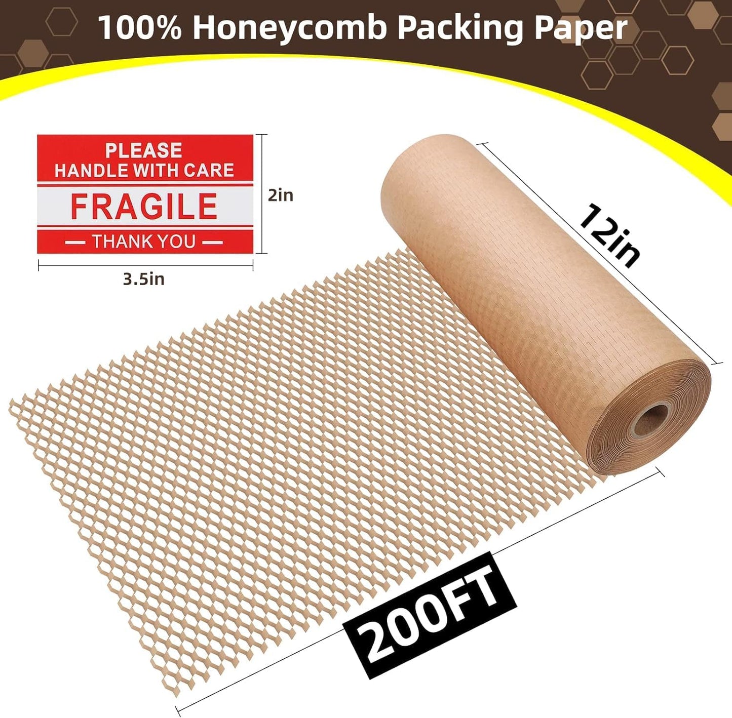 Honeycomb Packing Paper Wrap 12"x200' Sustainable Alternative to Bubble Wrap for Moving Shipping/Gift, Biodegradable & Fully Recyclable Bubble Paper Wrapping with 20 Fragile Sticker…