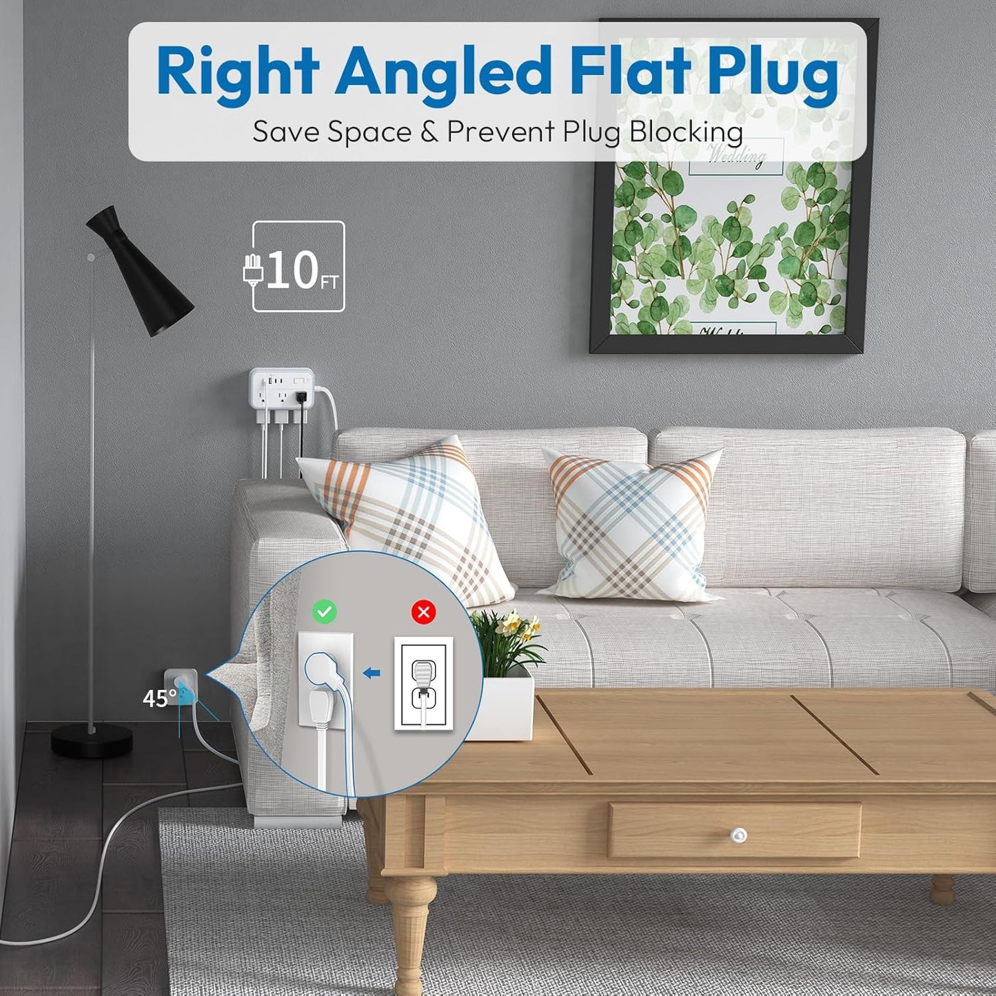 Surge Protector Power Strip 10 ft, Flat Plug Extension Cord with 6 Outlets 4 USB Ports, Outlet Extender Long Cord, Overload Protection, Extension Cord with Multiple Outlets for Indoor, Home, Office