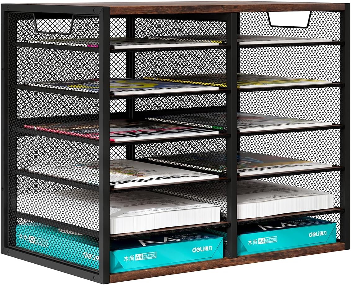 PAG Mass Mail Sorter - Adjustable Mail Holder, Countertop Literature Organizer, Student Mailbox for Classroom, Desktop Bill Paper Organizer for Office Home School, 12 Compartments, Brown