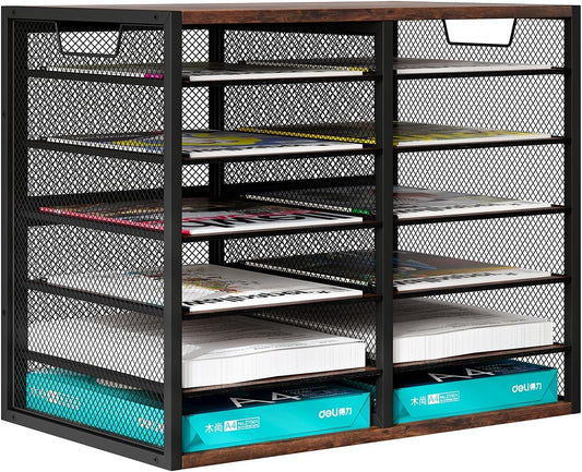 PAG Mass Mail Sorter - Adjustable Mail Holder, Countertop Literature Organizer, Student Mailbox for Classroom, Desktop Bill Paper Organizer for Office Home School, 12 Compartments, Brown