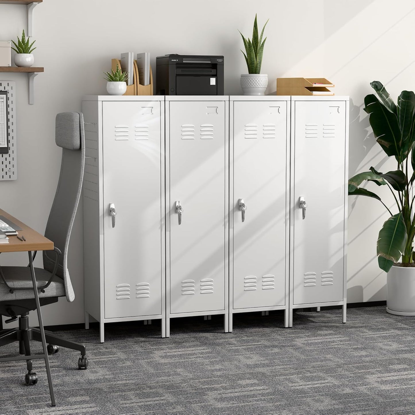 Metal Lockers for Employees with Handle,Metal Storage Locker with 2 Pegboard & 5 Hooks for Gym, School, Office,Home,Garage,White