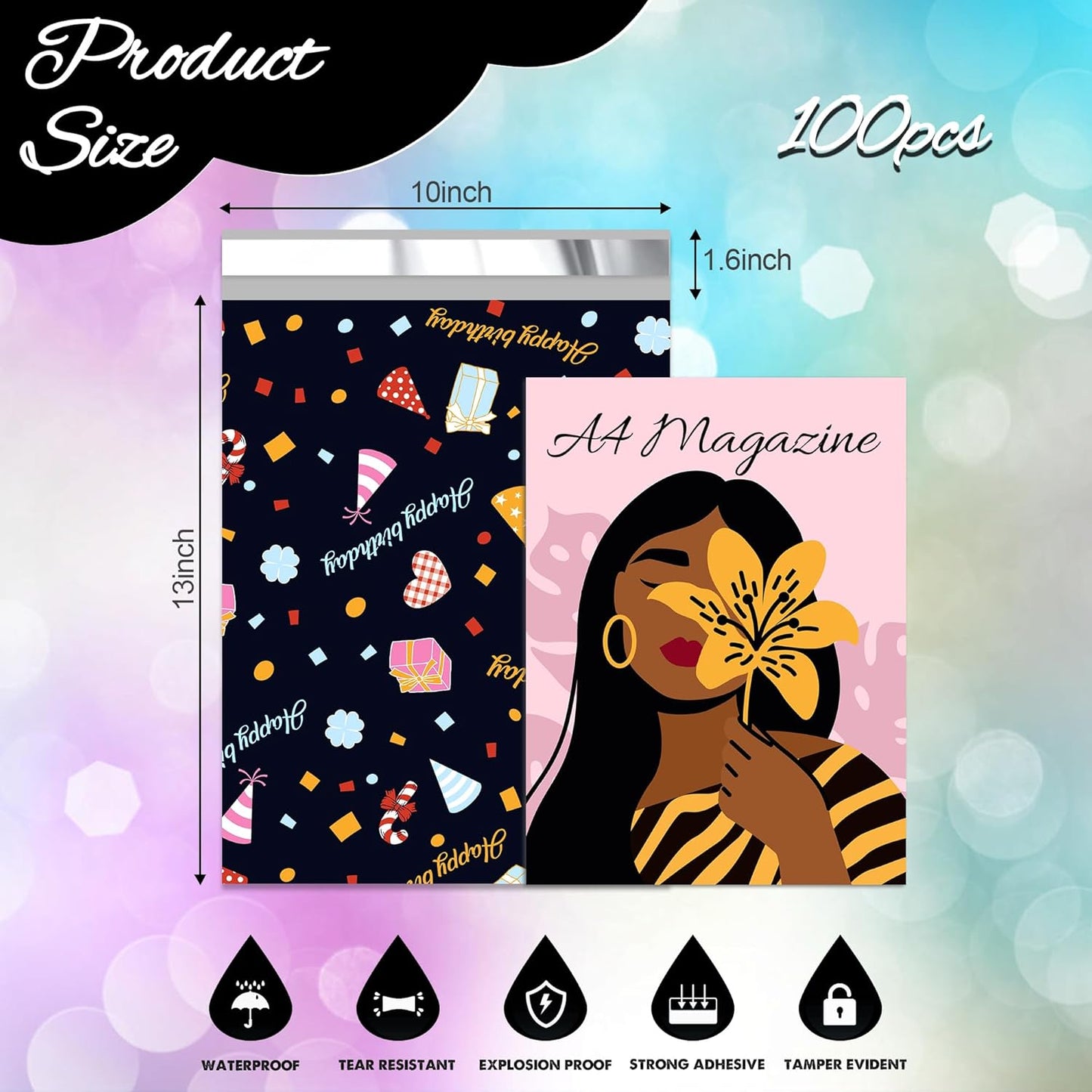 Happy Birthday Poly Mailer 10x13 Inch 100 Pcs, Waterproof Shipping Bags for Clothing, Tear-Resistant Mailier Bags, Strong Mailing Bags with Self-Seal