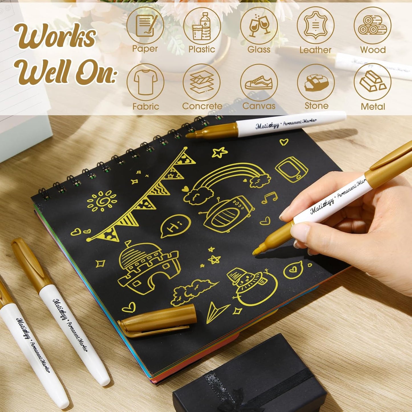 12 Pcs Metallic Permanent Markers Bulk Gold Silver Pens Fine Point Metallic Paint Markers for DIY Crafts, Gift Card Making, Artist Illustration (Gold)