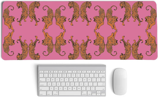 Pink Tiger Decor Desk Mat, Large Girly Cheetah Mouse Pad, Leopard Print Desk Mat for Girls Dorm Home Office Decor, Tiger Mouse Pad Desktop Decor,31.5x11.8