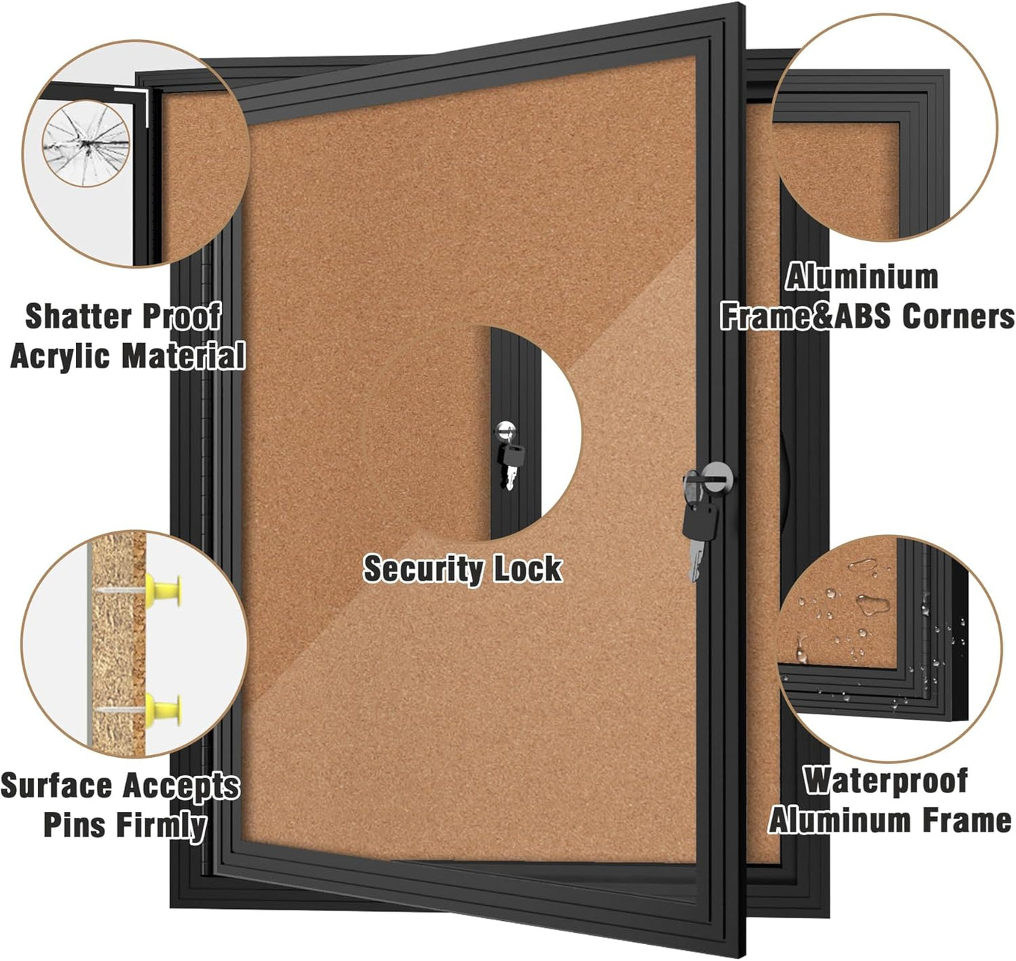 26"x20" Enclosed Bulletin Board, Outdoor Lockable Weather-Resistant Aluminum Cork Noticeboard for School & Office, Silver Frame w/Black Flet