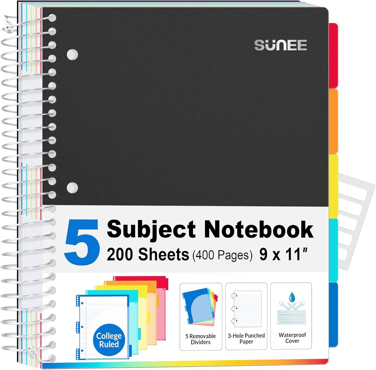 SUNEE 5 Subject Notebook College Ruled - 400 Pages, 9"x11", 5 Pocket Colored Dividers, 3-Hole Punched Paper, Black