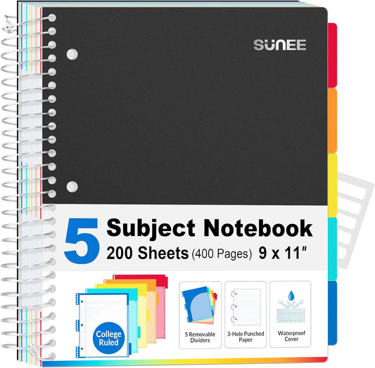 SUNEE 5 Subject Notebook College Ruled - 400 Pages, 9"x11", 5 Pocket Colored Dividers, 3-Hole Punched Paper, Black