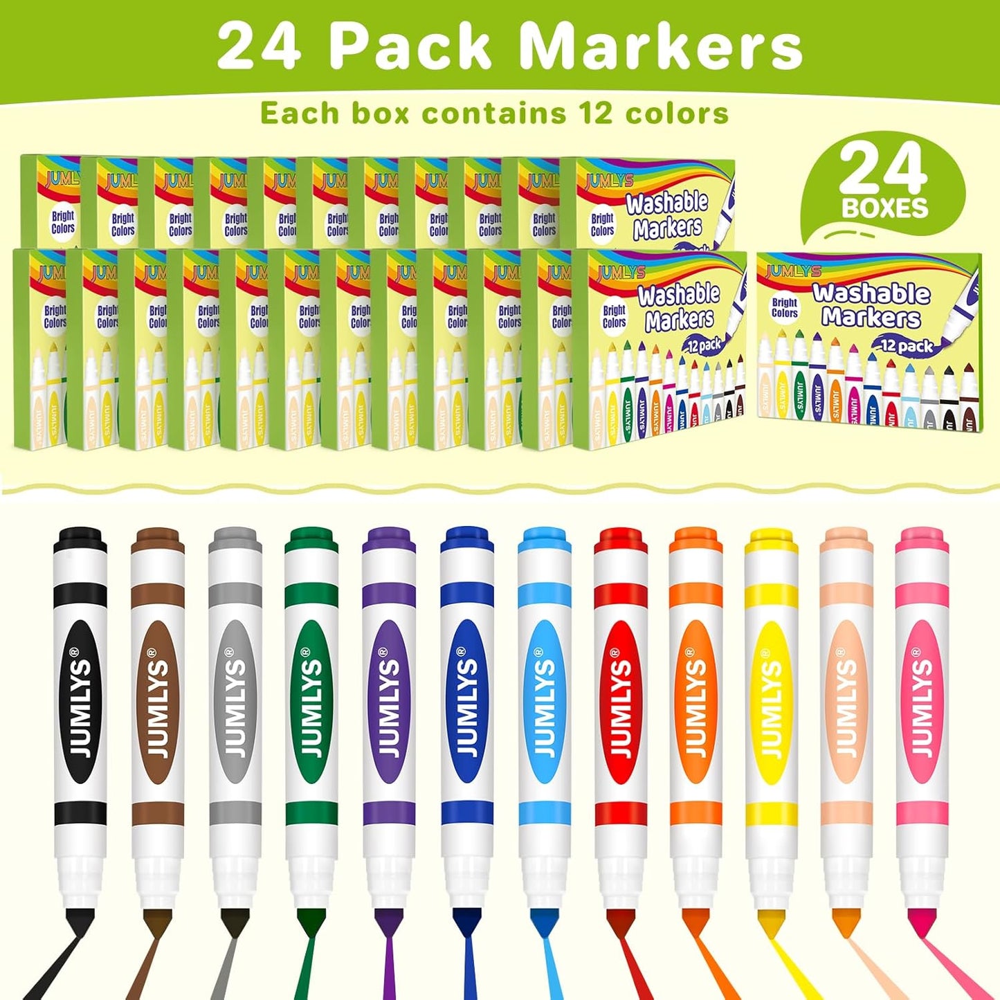 Jumlys 24 Boxes Washable Markers with 12 Colors, Bulk Color Marker for School Classroom, 288 Count Broad Tip Markers for Kids, Classroom Must Haves