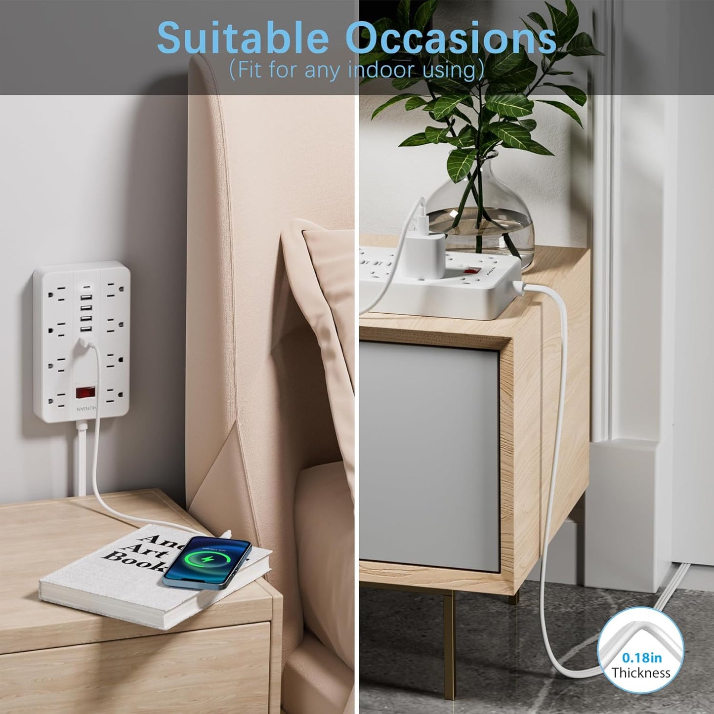 Power Strip with USB, Flat Plug Extension Cord Surge Protector 5 Ft, HUNIAN Power Strip with 8 Widely Spaced Outlets 6 USB Charger (1 USB C Port), Desk Charging Station for Home Office, White