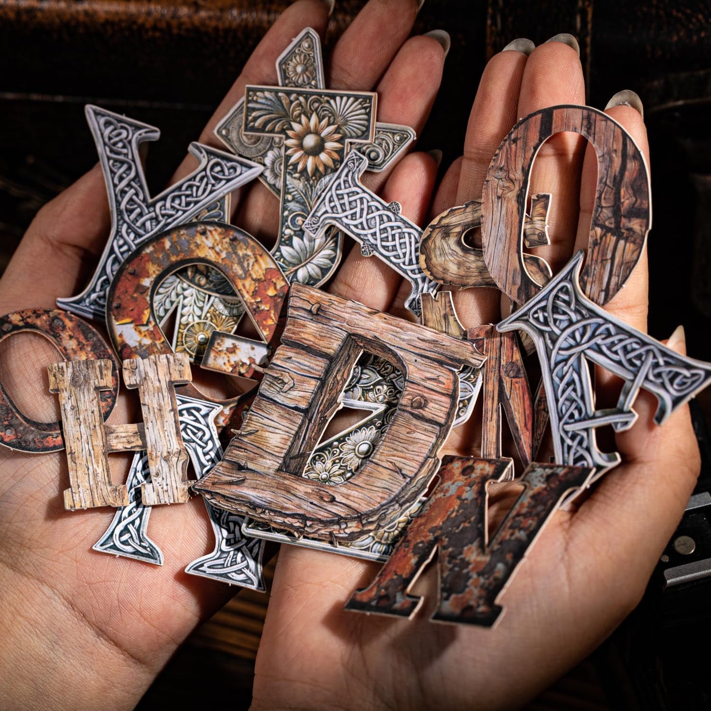 104Pcs Alphabet Hard Card Stickers Set, Vintage Letter Stickers for Scrapbooking, DIY Crafts, Journaling, and Junk Journal Ephemera