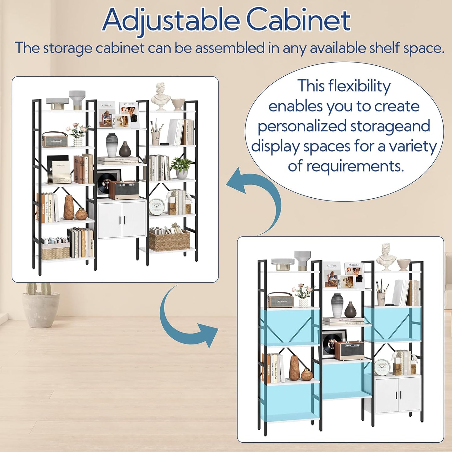 Yusong Bookshelf Triple Wide 5 Tier Bookcases with Storage Cabinet, Industrial Large Modern Tall Bookshelves with 12 Open Display Shelves for Living Room Office Bedroom, White and Black