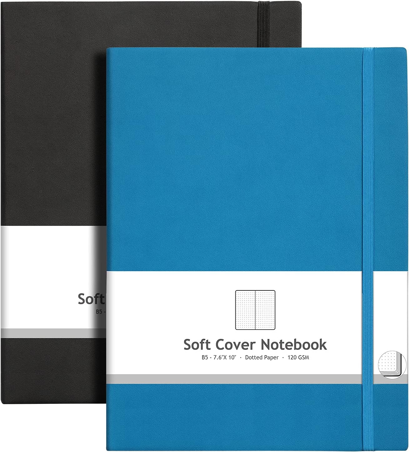 AHGXG Bullet Dotted Journal 2 Pack - B5 Large Journal Dot Grid Notebook (7.6'' X 10'') with Thick 120gsm Dot Paper, Soft Leather Cover, Total 384 Pages, Inner Pocket - BlackBlue