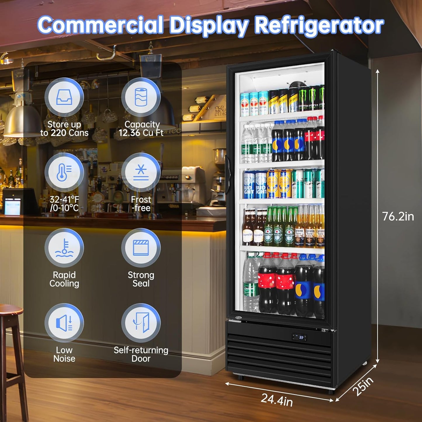 Commercial Beverage Refrigerator, 24.5 Inch 15 Cu. Ft. Drink Fridge, Display Refrigerator with Glass Door, Commercial Display Fridge with 4 Adjustable Shelves, for Shops, Restaurants, Bars