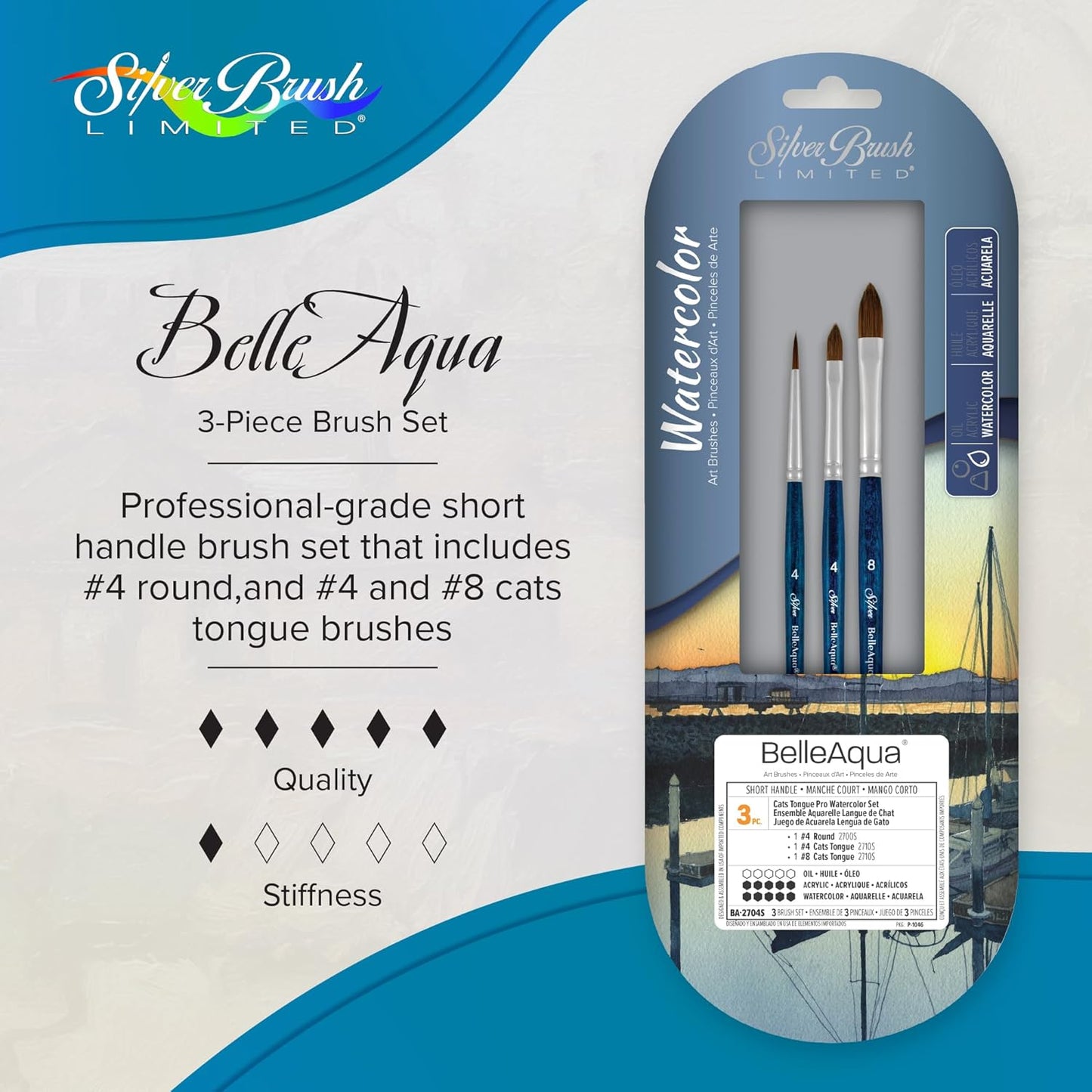 Silver Brush Limited BA-2704S BelleAqua Cats Tongue Pro Watercolor Brush Set, 3pc Professional Soft Synthetic Red Sable Short Handle Size 4 & 8 Cats Tongue, and a Size 4 Round Paint Brush