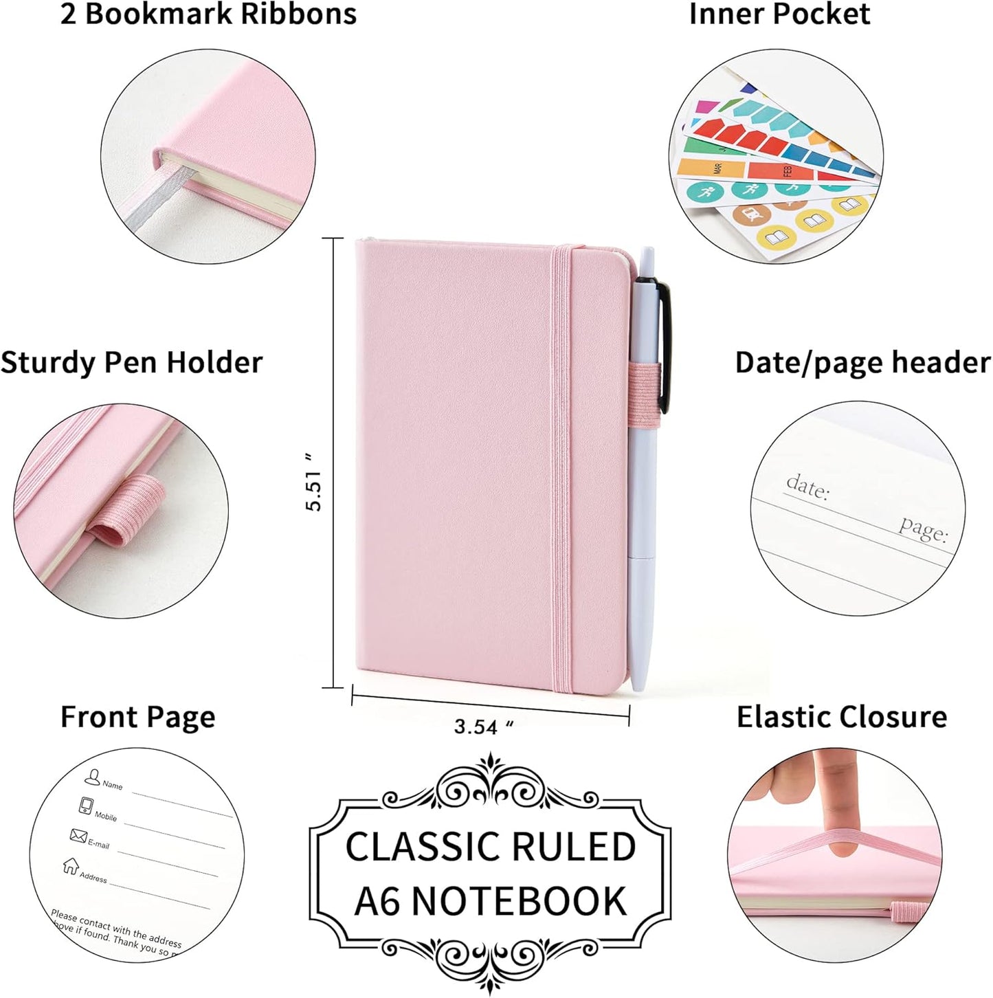 feela 15 Pack Pocket Small Notebooks Bulk, Mini Cute Memo Notepads Hardcover College Ruled Lined Journals with Pen Holder for Women Girls Office School, with 15 Black Pens, 3.5”x 5.5”, A6, Rose Pink