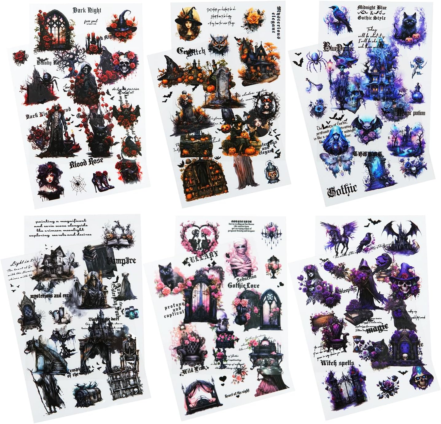 Gothic PET Scrapbook Stickers Set, 12PCS Pre-Cut Ephemera for Scrapbooking, Junk Journaling, Crafting, DIY Projects, Diaries, and Art Supplies