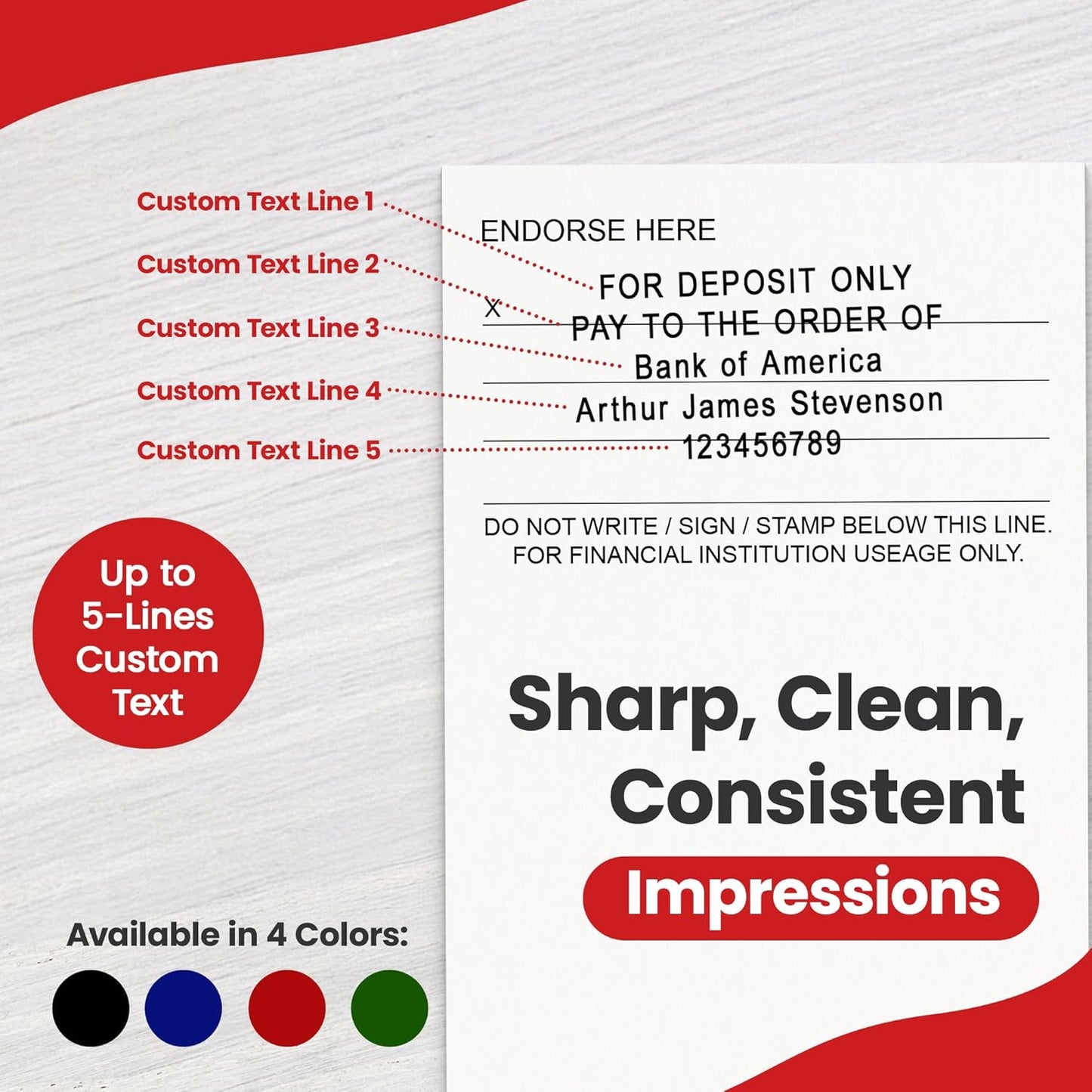 Promot Pre-Inked Custom Deposit Stamp - Personalized Text, Refillable Custom Stamp with Built-in Ink Reservoir, Easy 3-Step Re-Inking, Customized Rubber Stamp for Bank and Businesses (5-Lines)