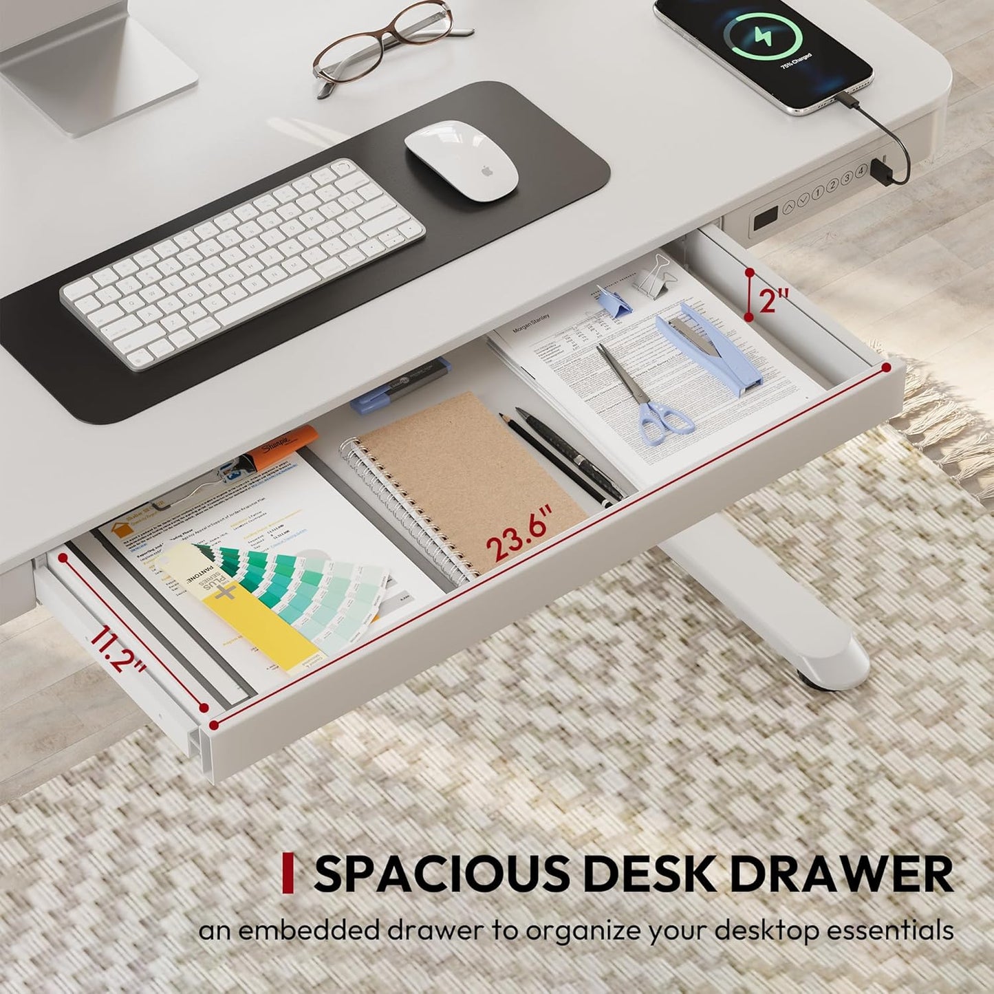 Standing Desk with Drawer, Electric Height Adjustable Home Office Desk with Storage & USB Ports, 55 inch White Wood Tabletop/White Frame