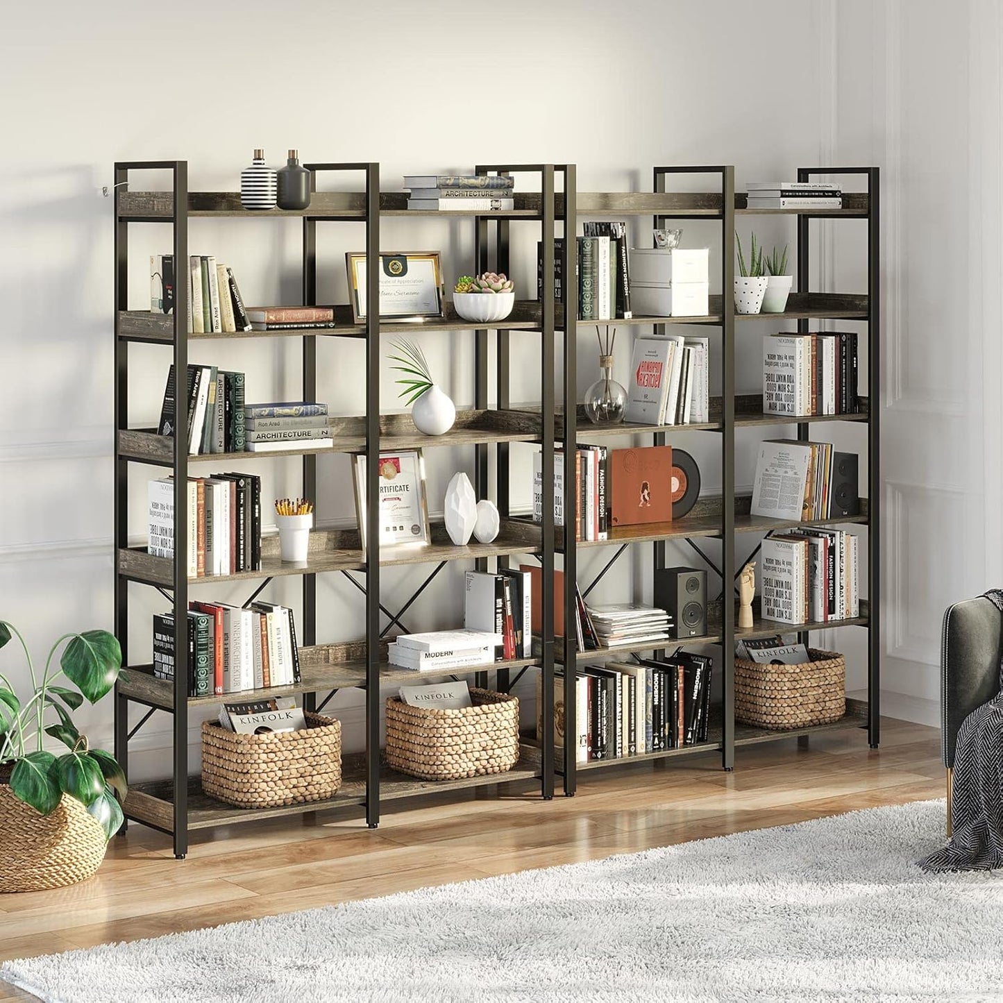 Seventable Bookshelf 6 Tier with 4 Hooks，67”Industrial Wooden Bookcase, Vintage Storage Rack with Open Shelves, Rustic Standing Bookshelves Metal Frame 43.3” Wide Display Rack, Gray