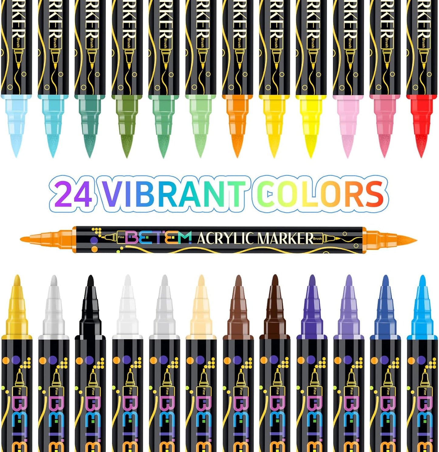 Betem Acrylic Paint Markers, Dual Tip 24 Colors Acrylic Paint Pens with Brush Tip and Fine Point, Art Supplies for Rock, Wood, Canvas, Stone, Glass, Ceramic, Rock Painting DIY Crafts Making Drawing