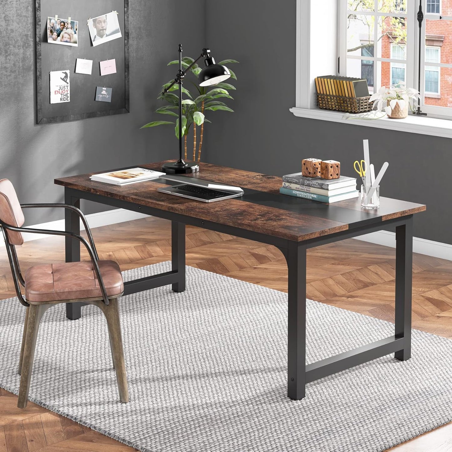 Tribesigns 63” Executive Desk, Large Office Computer Desk with Thicken Frame, Modern Simple Workstation Business Furniture for Home Office, Vintage Brown/Black