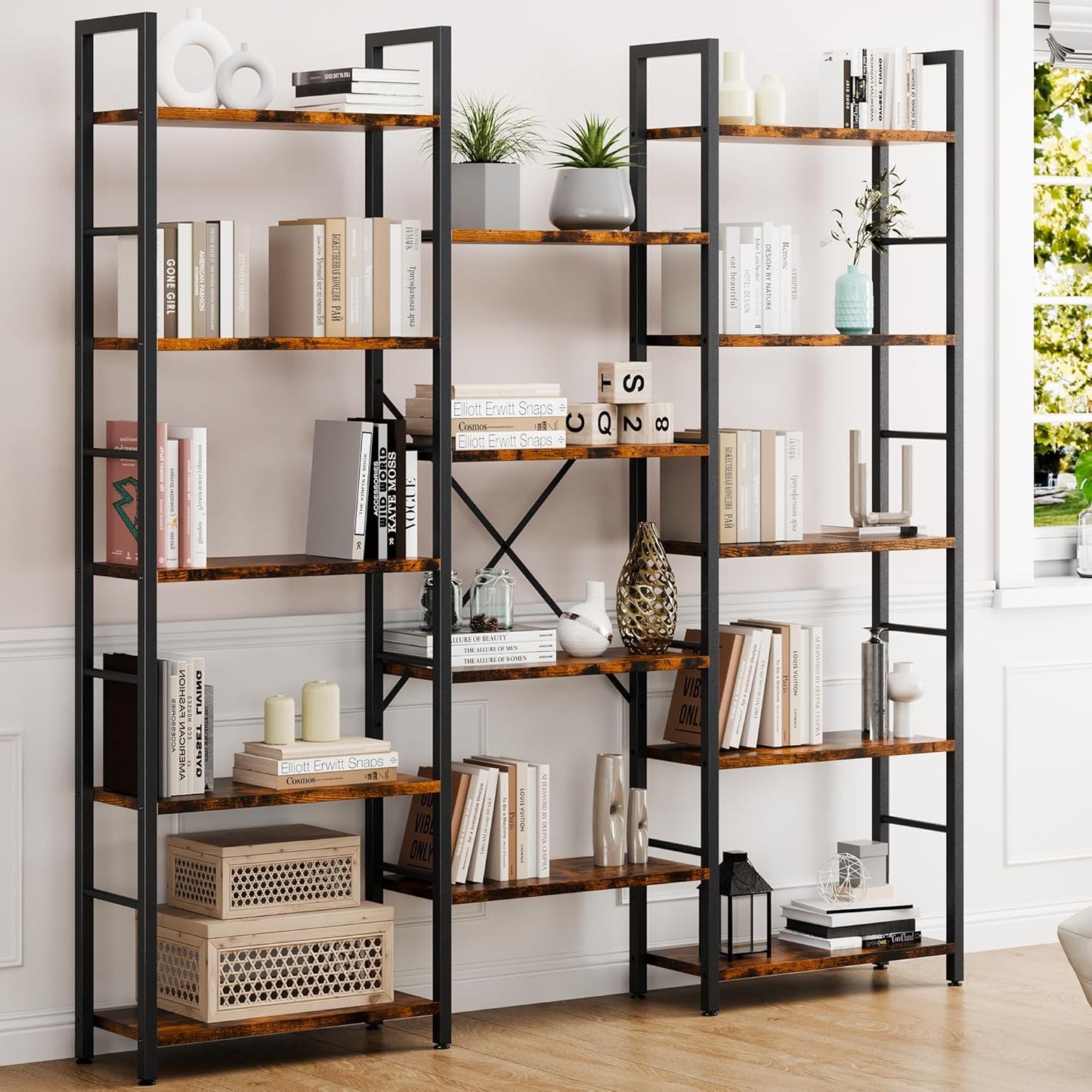 Shintenchi Triple Column 5 Tier Bookshelf, Industrial Large Bookcase with 14 Open Display Shelves, Large Etagere Bookshelf,Wide Book Shelf Book Case for Home & Office, Rustic Brown